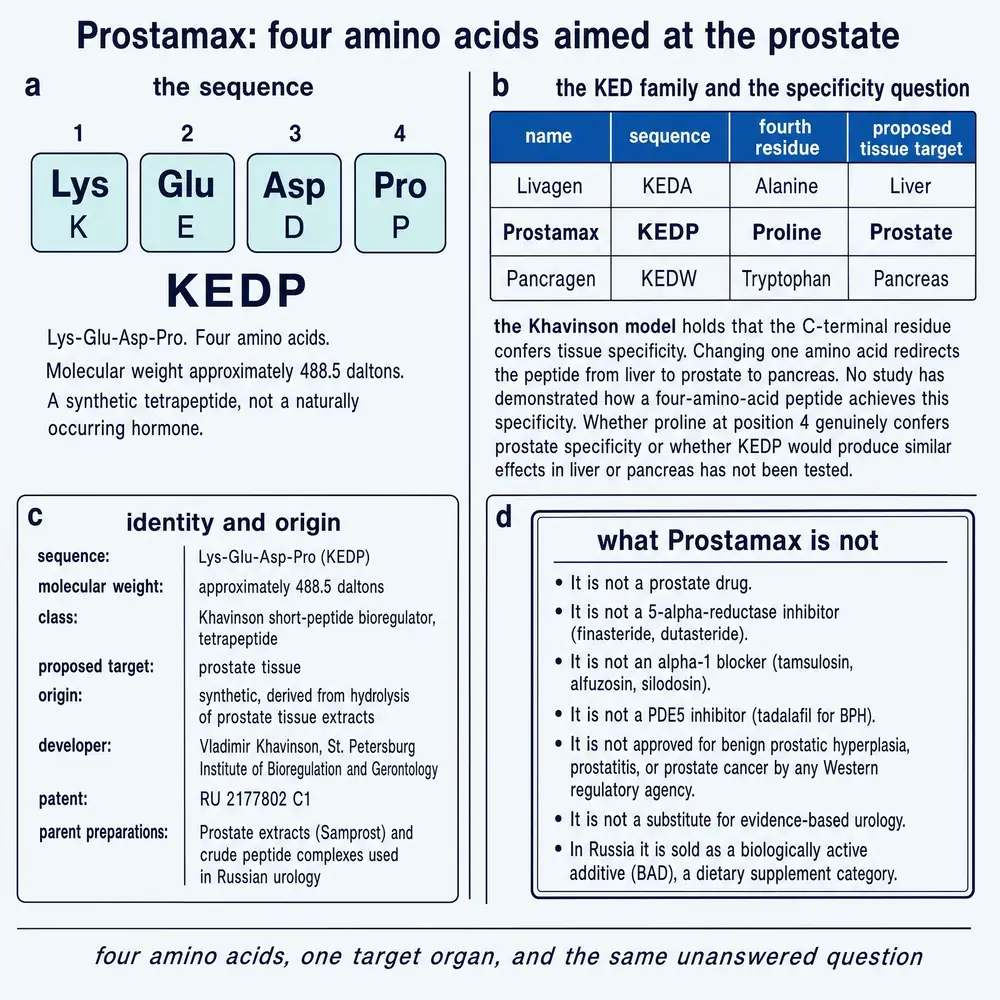 Prostamax identity: Lys-Glu-Asp-Pro sequence, KED family table, origin card, and what it is not