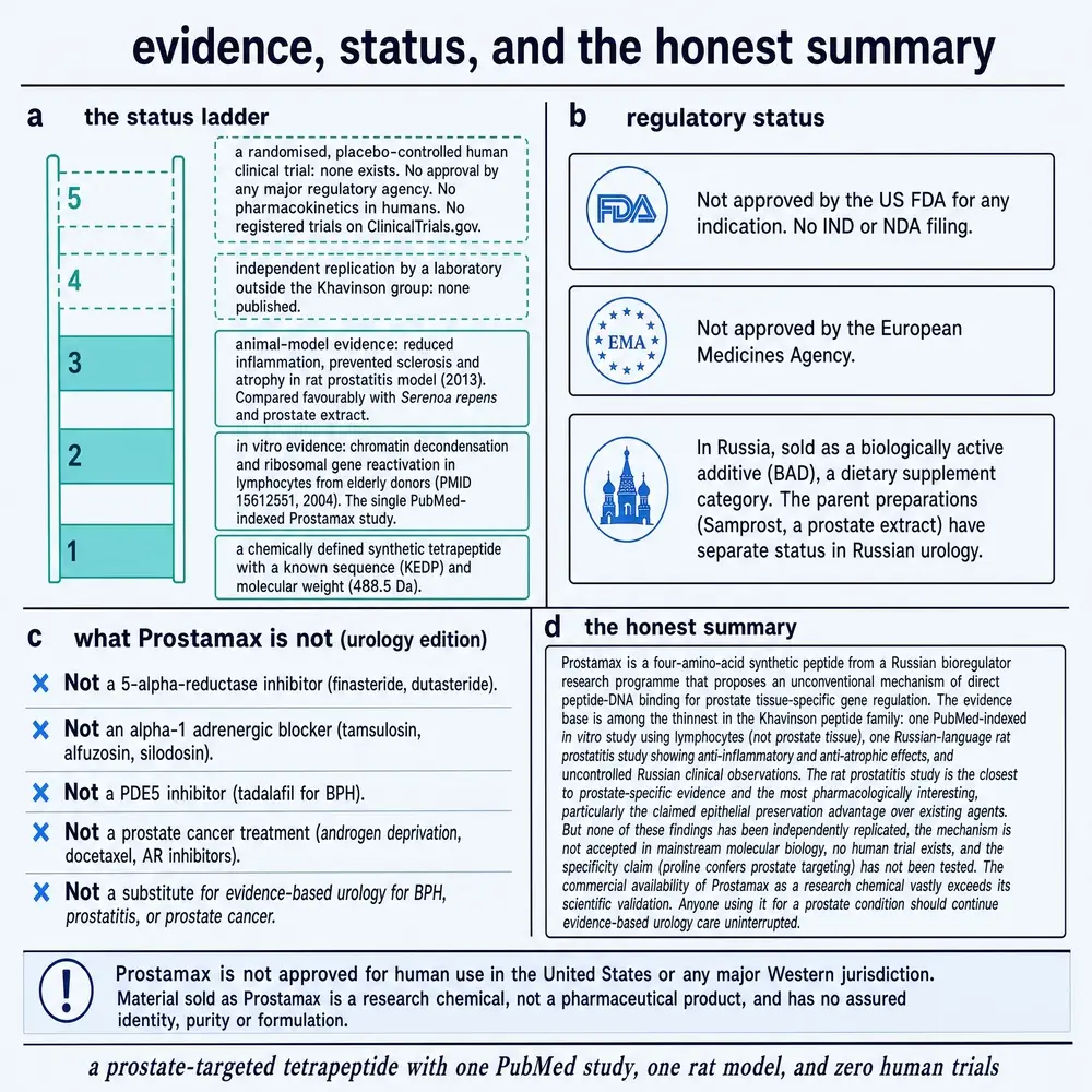 Prostamax status ladder, regulatory status, what it is not, and honest summary