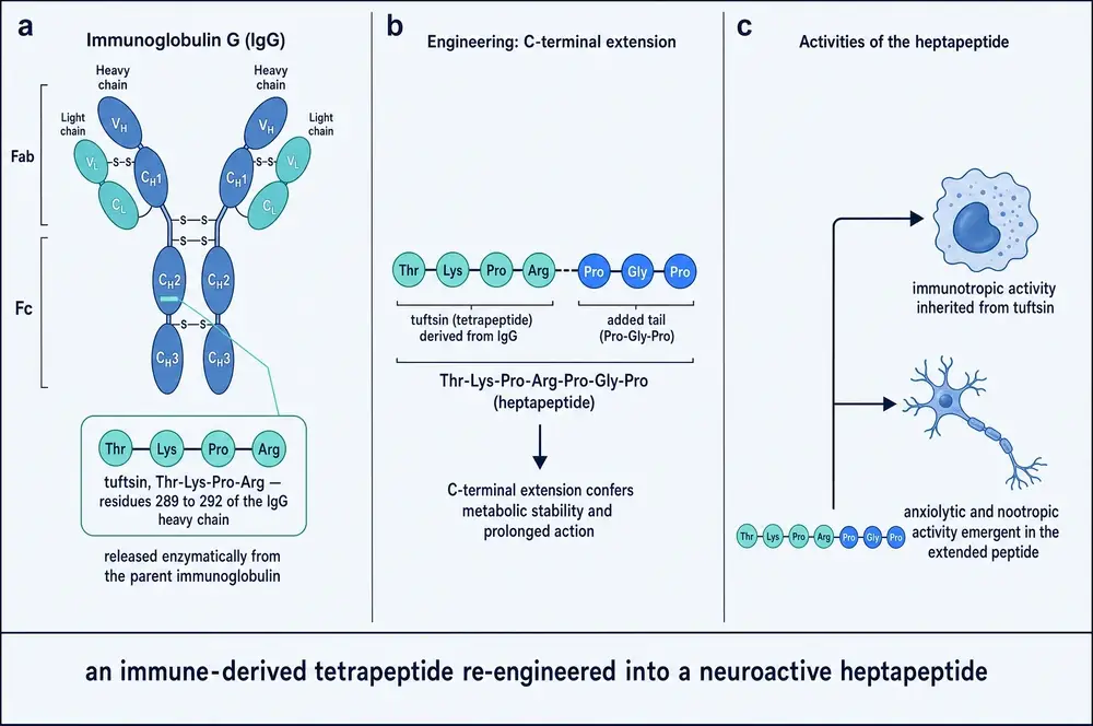 Three-panel diagram. Panel a, immunoglobulin G with heavy and light chains, Fab and Fc regions, and tuftsin marked at residues 289 to 292 of the heavy chain CH2 domain. Panel b, the tuftsin tetrapeptide extended at the C-terminus by proline-glycine-proline to give the heptapeptide. Panel c, the two activity arms, immunotropic and neuroactive.
