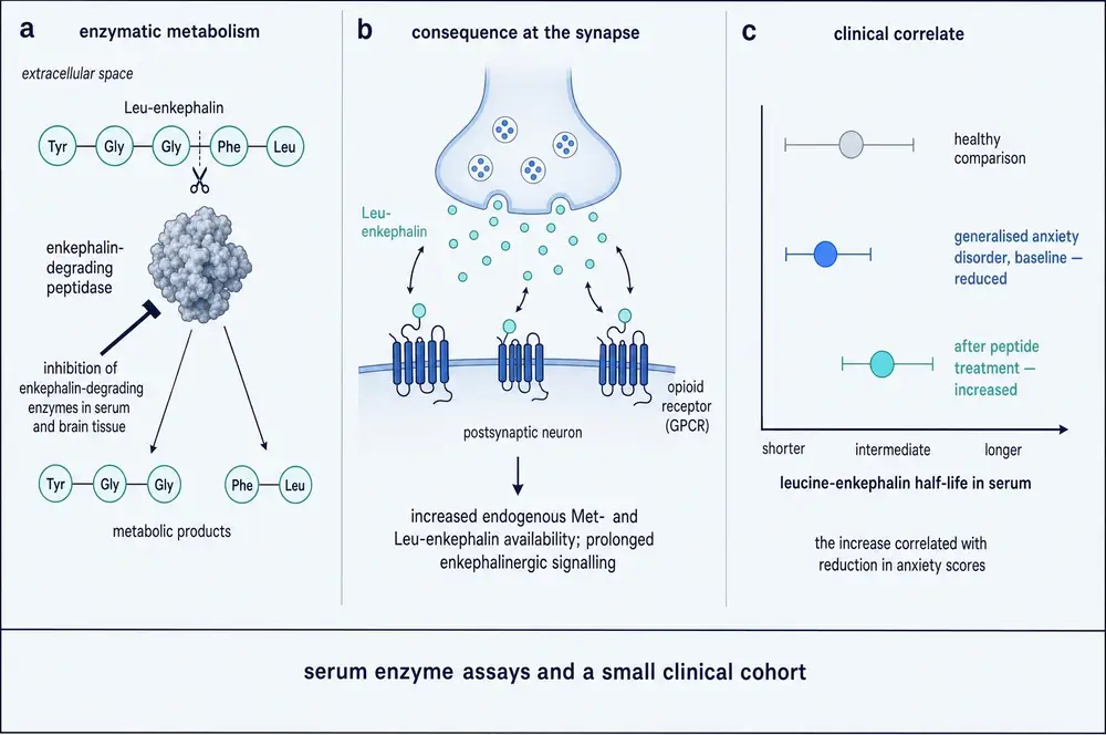 Three panels. Panel a, leucine-enkephalin being cleaved by a peptidase, with that peptidase inhibited. Panel b, the synaptic consequence, increased enkephalin availability at opioid receptors. Panel c, leucine-enkephalin serum half-life in healthy comparison, in generalised anxiety disorder at baseline, and after peptide treatment.