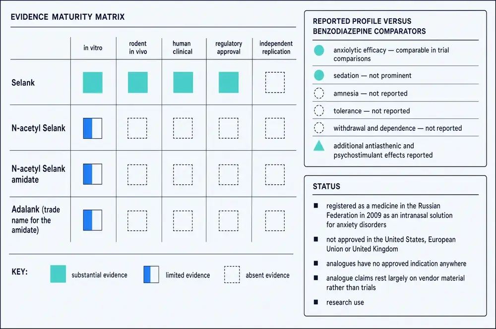 An evidence maturity matrix with four compound rows and five evidence columns, a panel comparing the reported profile against benzodiazepine comparators, and a status panel listing regulatory position.