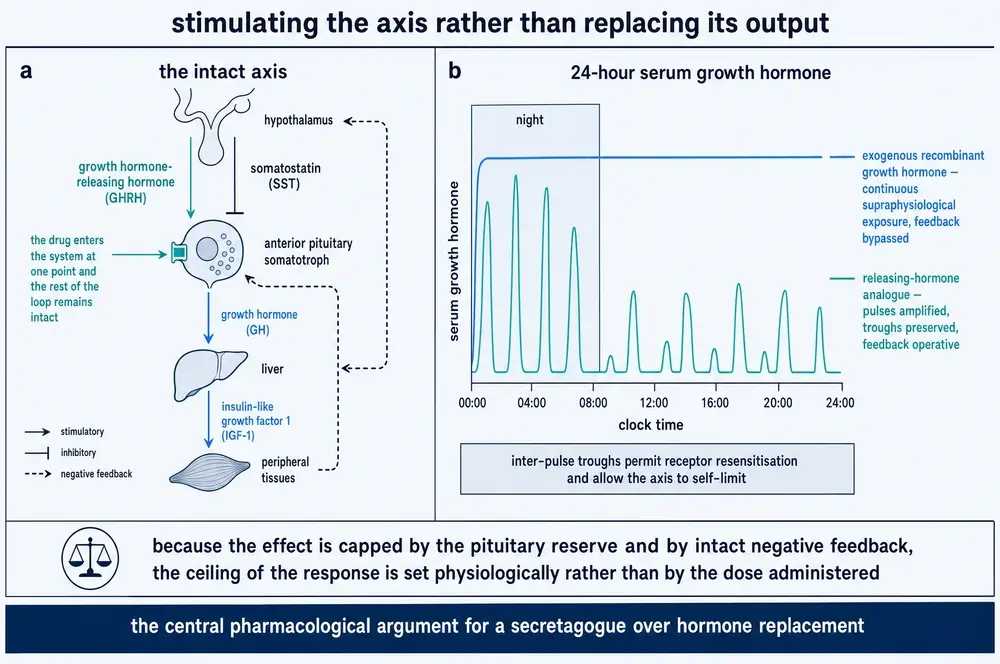 The hypothalamic-pituitary axis with dual control and IGF-1 feedback, beside a 24-hour comparison of pulsatile secretion under a releasing-hormone analogue versus a continuous plateau under exogenous growth hormone