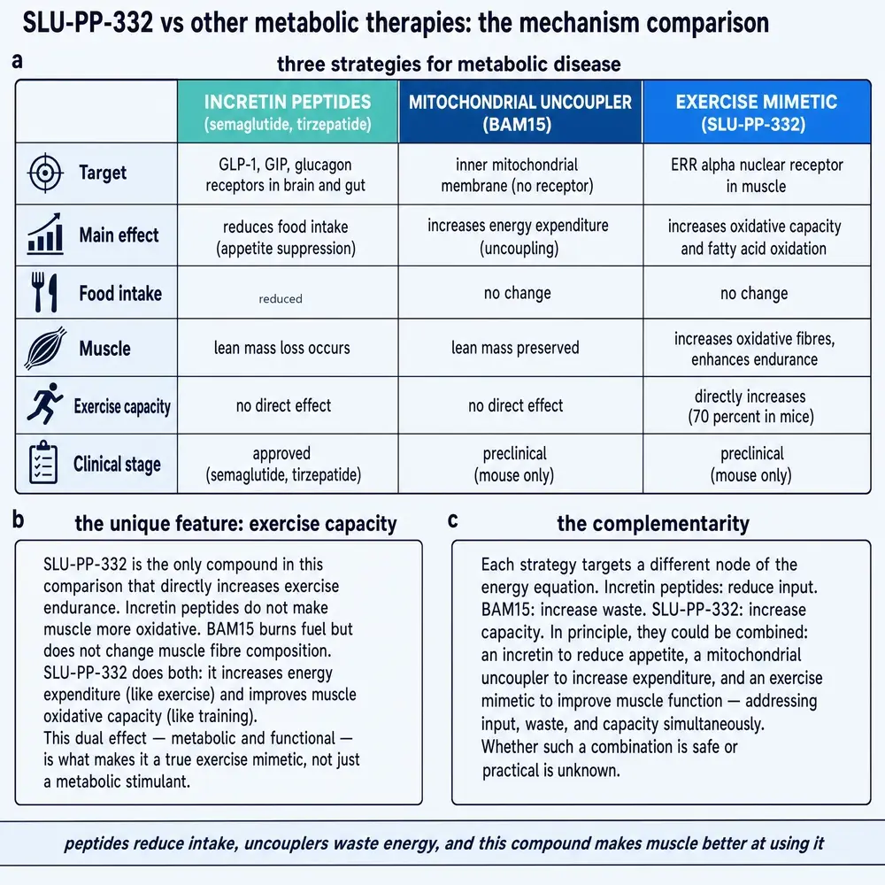 Commissioned comparison of incretin peptides, BAM15 and SLU-PP-332 across target, intake, muscle, exercise capacity and clinical stage