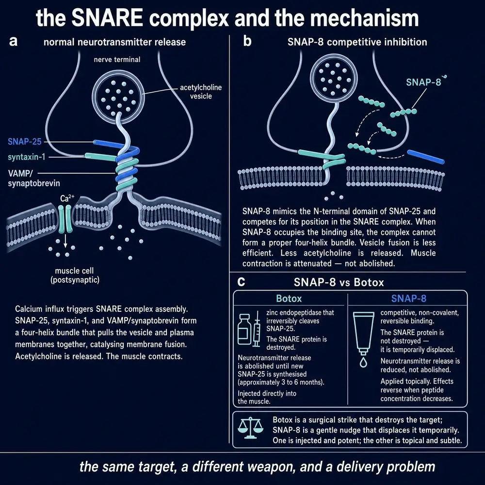 Dark-ground plate: normal SNARE-mediated acetylcholine release, SNAP-8 competitive inhibition of the complex, and a comparison of botulinum toxin versus SNAP-8