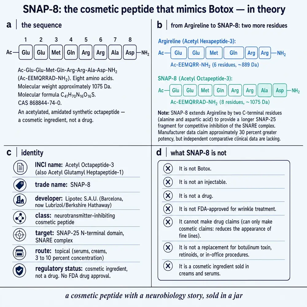 Identity plate for SNAP-8: sequence tiles, Argireline-to-SNAP-8 extension, INCI and developer card, and a list of what the compound is not