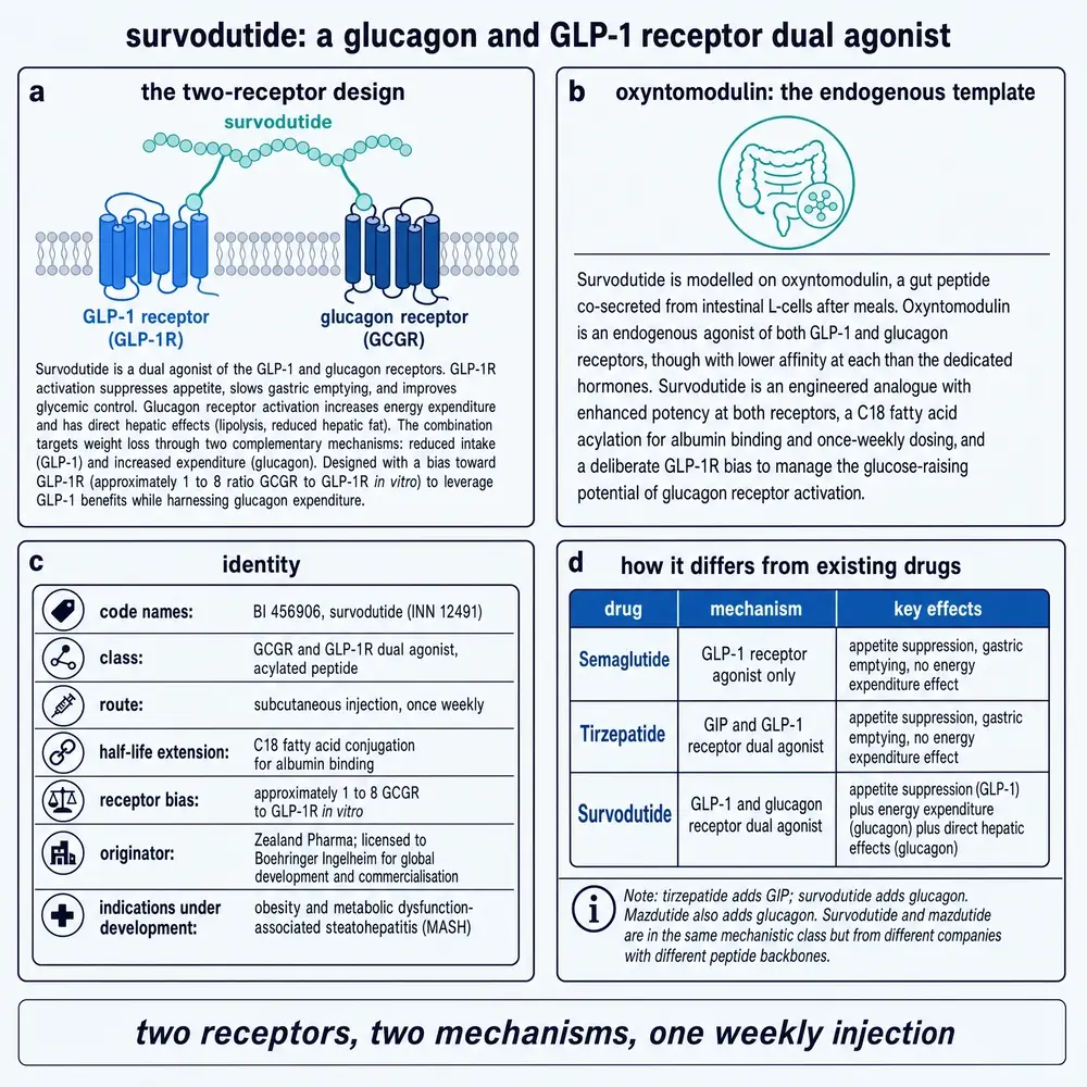 Survodutide as a glucagon and GLP-1 receptor dual agonist: two-receptor design, oxyntomodulin template, identity card, and comparison with semaglutide and tirzepatide