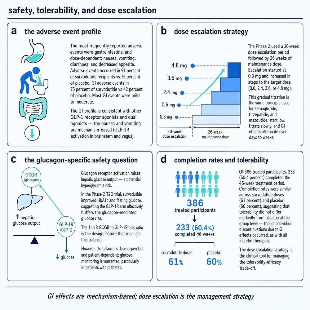 Safety and tolerability of survodutide: adverse-event profile, dose-escalation schedule, the glucagon-specific glucose question, and completion rates