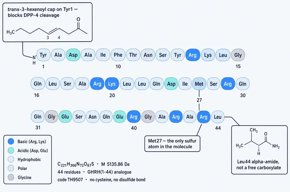 Primary structure of tesamorelin drawn as 44 residue circles in three rows using three-letter amino-acid codes, coloured by class: basic, acidic, hydrophobic, polar and glycine. An inset at upper left shows the trans-3-hexenoyl cap on tyrosine 1 and notes that it blocks DPP-4 cleavage. Methionine 27 is called out as the only sulfur atom in the molecule. An inset at lower right shows the leucine 44 alpha-amide C-terminus rather than a free carboxylate. A summary line gives the formula C221H366N72O67S, mass 5135.86 daltons, 44 residues, GHRH(1-44) analogue, code TH9507, no cysteine and no disulfide bond.