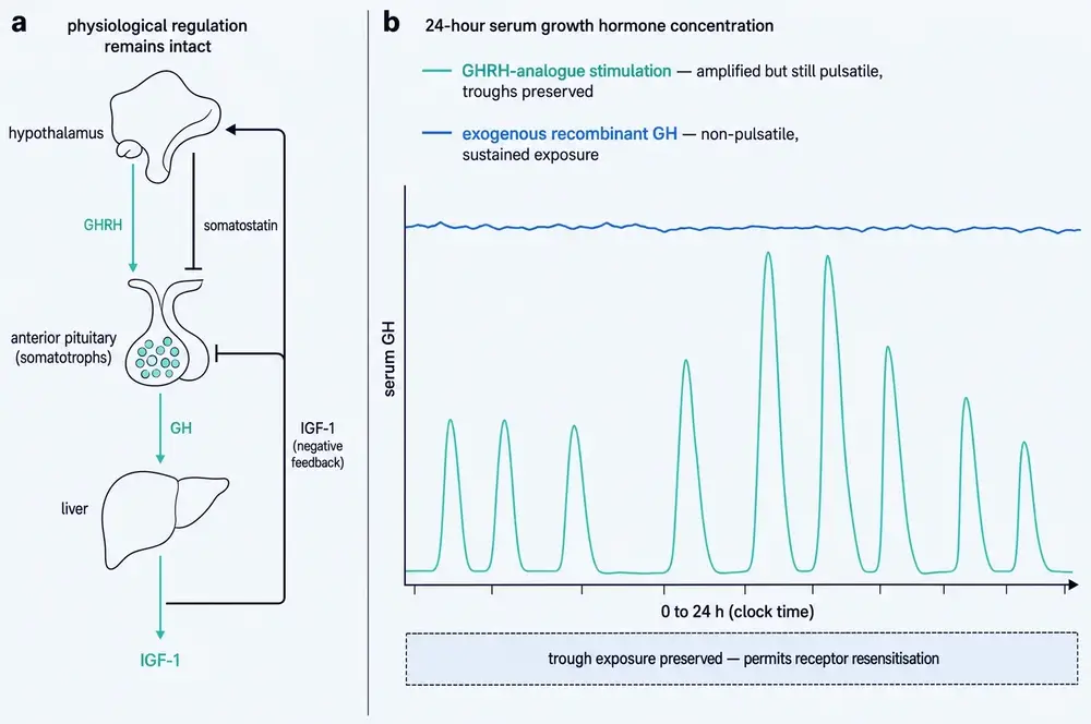 Panel a: schematic of the hypothalamic-pituitary axis. The hypothalamus releases GHRH, which stimulates somatotrophs in the anterior pituitary to release growth hormone; somatostatin inhibits them; the liver produces IGF-1, which feeds back negatively on both hypothalamus and pituitary. Panel b: 24-hour serum growth hormone concentration curves. A teal trace shows GHRH-analogue stimulation as a series of tall discrete pulses returning to baseline between peaks. A blue trace shows exogenous recombinant growth hormone as a nearly flat elevated line with no troughs. A footer notes that trough exposure is preserved, permitting receptor resensitisation.