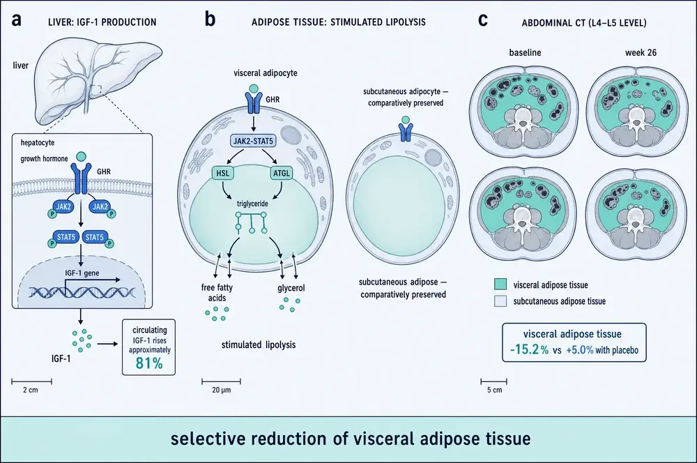 Three-panel figure. Panel a: growth hormone binds its receptor on a hepatocyte, JAK2 and STAT5 phosphorylation leads to IGF-1 gene transcription and release, with circulating IGF-1 rising approximately 81 percent. Panel b: a visceral adipocyte with growth hormone receptor signalling through JAK2-STAT5 to activate hormone-sensitive lipase and adipose triglyceride lipase, breaking triglyceride into free fatty acids and glycerol; beside it a subcutaneous adipocyte is shown comparatively preserved. Panel c: paired abdominal CT cross-sections at the L4 to L5 level at baseline and week 26, with visceral adipose tissue shaded and subcutaneous adipose tissue in a lighter tone, annotated visceral adipose tissue minus 15.2 percent versus plus 5.0 percent with placebo.
