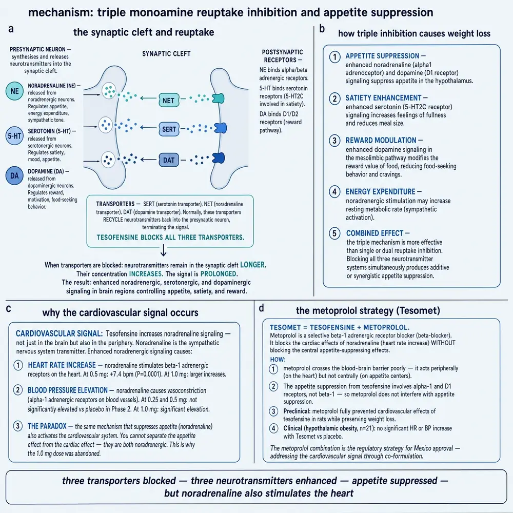 Mechanism plate: triple monoamine reuptake, appetite pathways, cardiovascular paradox, and metoprolol combination logic