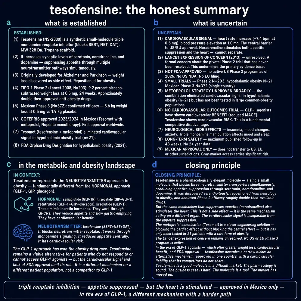 Honest summary plate: established facts, uncertainties, metabolic landscape, and closing principle
