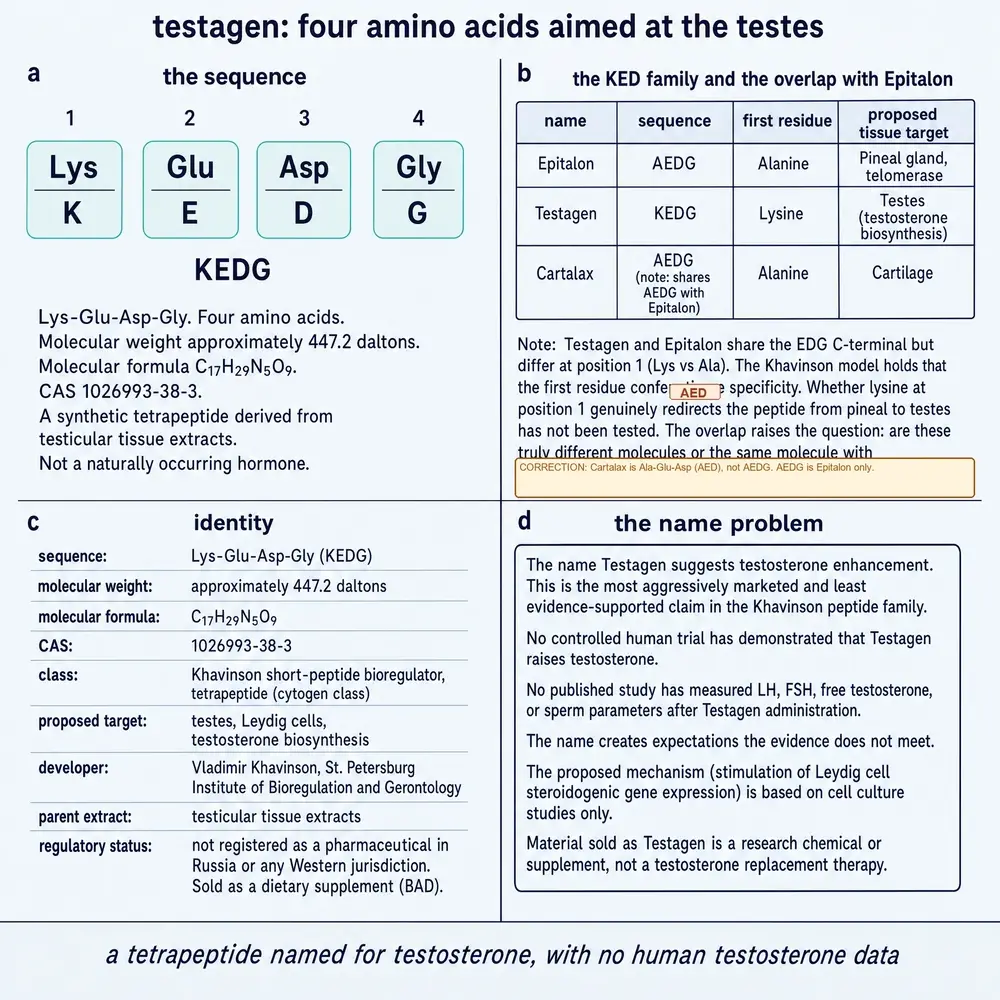 Testagen identity: KEDG sequence, Epitalon overlap, name problem
