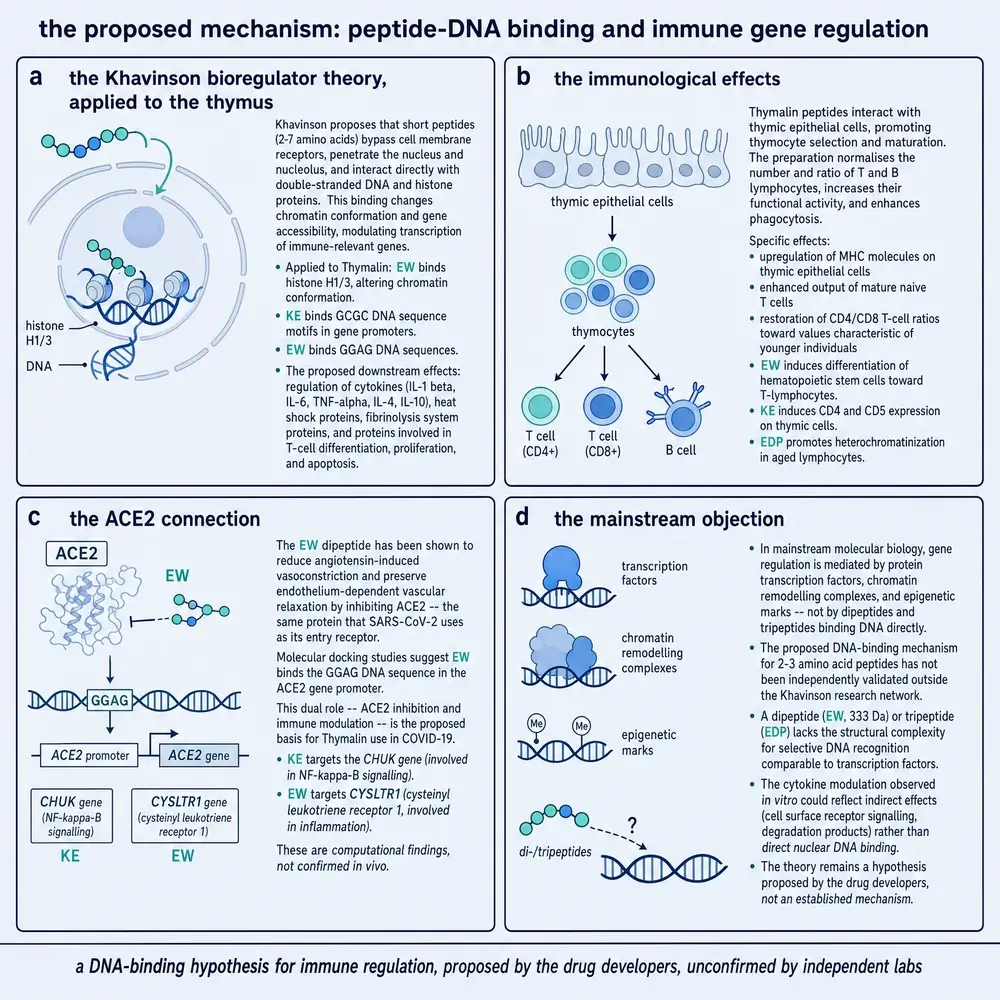 Proposed Thymalin mechanism: peptide-DNA binding hypothesis, immune effects, ACE2 framing, mainstream objection