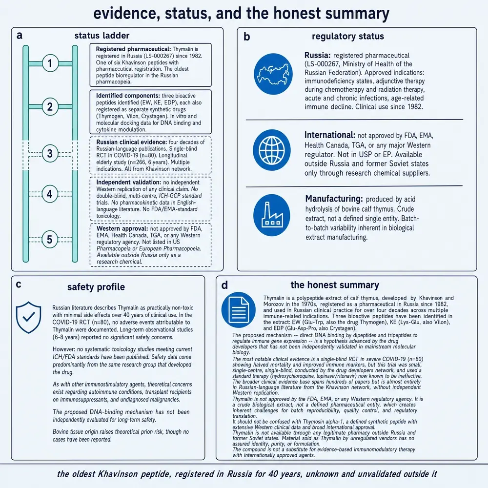 Thymalin evidence status ladder, regulatory status, safety framing, honest summary
