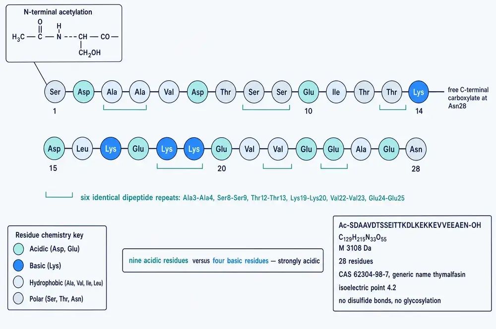 Primary structure of thymosin alpha-1: twenty-eight residues in order, coloured by side-chain chemistry, with the acetylated N-terminus magnified, six internal dipeptide repeats marked, and a panel giving formula, molecular weight, CAS number and isoelectric point.