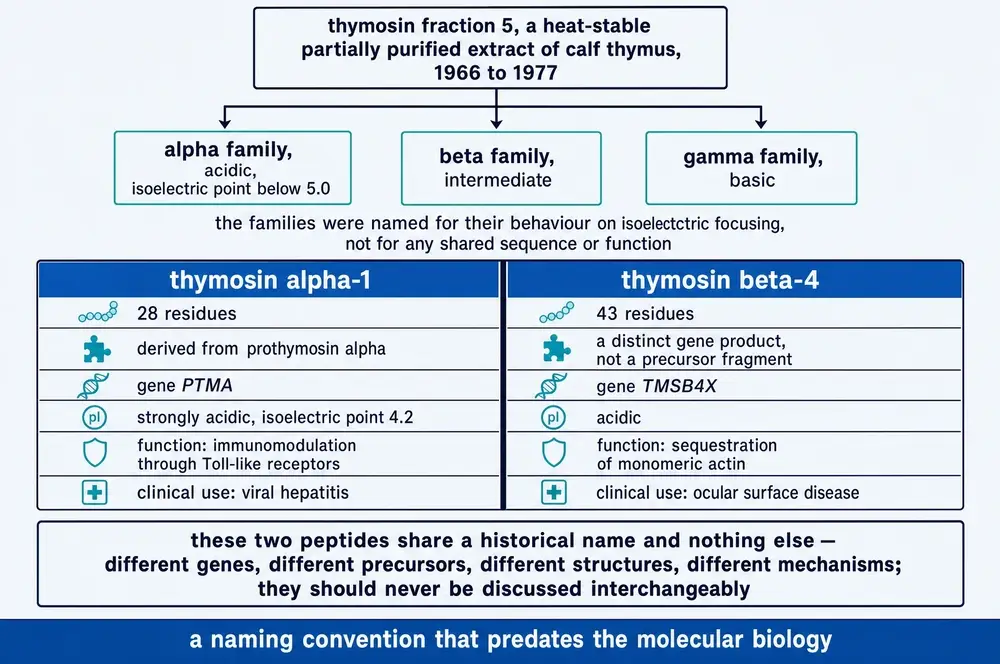 Diagram disentangling the word thymosin: fraction 5 dividing into alpha, beta and gamma families by isoelectric point, and a side-by-side comparison of thymosin alpha-1 and thymosin beta-4 across length, precursor, gene, charge, mechanism and clinical use.