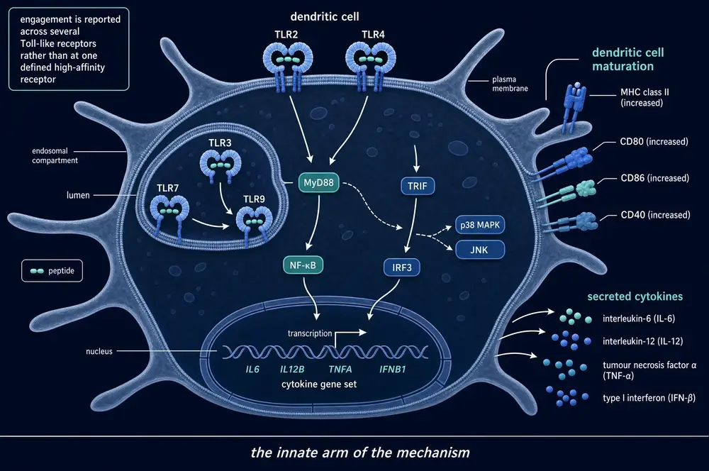 Dendritic cell schematic on a navy ground showing TLR2 and TLR4 at the plasma membrane, TLR3, TLR7 and TLR9 in the endosome, signalling through MyD88 to NF-kappa-B and TRIF to IRF3 with p38 MAPK and JNK branches, driving a cytokine gene set, with surface maturation markers and secreted cytokines.