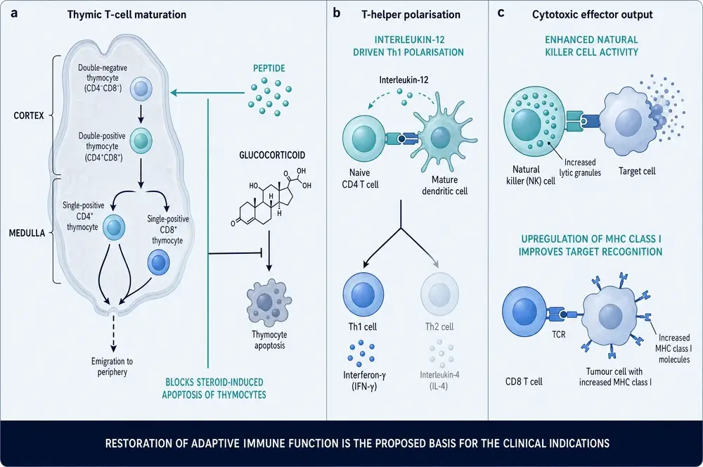 Three-panel diagram of adaptive and cytotoxic consequences: thymocyte maturation through double-negative, double-positive and single-positive stages with blockade of glucocorticoid-induced apoptosis; interleukin-12-driven Th1 polarisation at the dendritic cell interface; and enhanced natural killer activity with MHC class I upregulation on tumour cells.