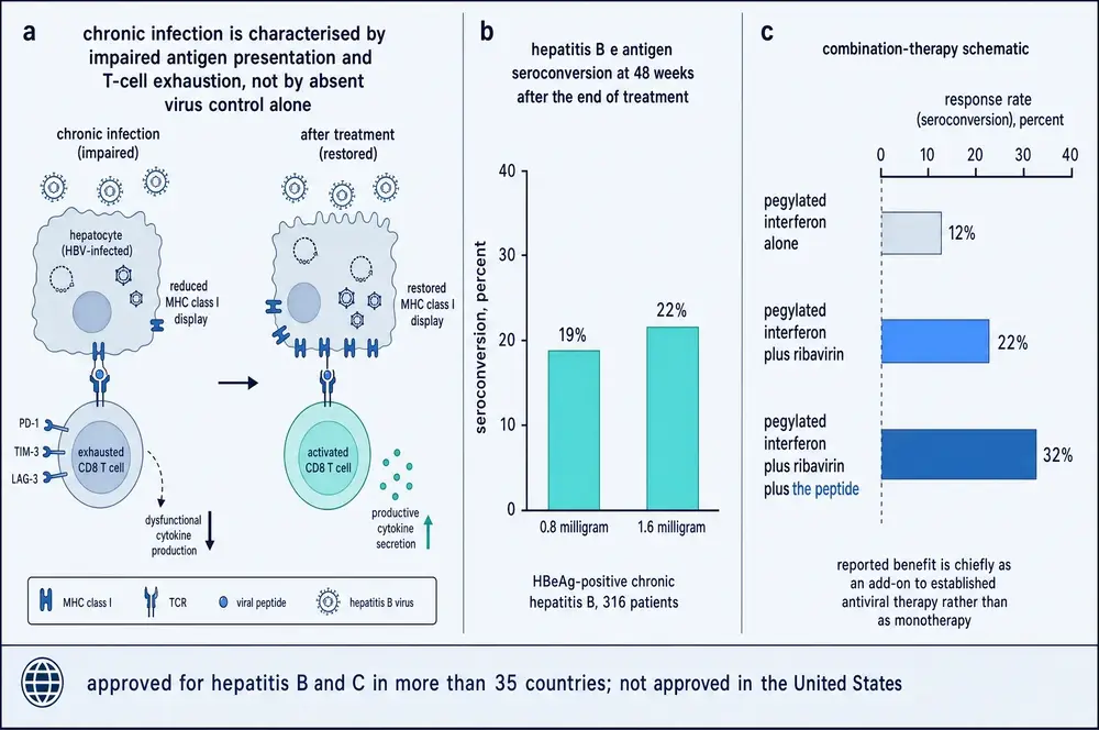 Three-panel figure on chronic viral hepatitis: exhausted CD8 T cells and reduced MHC class I on infected hepatocytes restored after treatment; a bar chart of hepatitis B e antigen seroconversion at 48 weeks; and a horizontal bar comparison of hepatitis C response rates across three regimens.