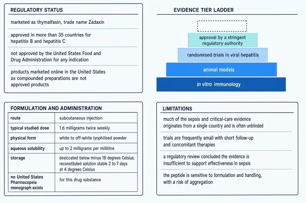 Four-panel summary: regulatory status, formulation and administration table, an evidence tier ladder with the top tier absent, and a list of limitations.