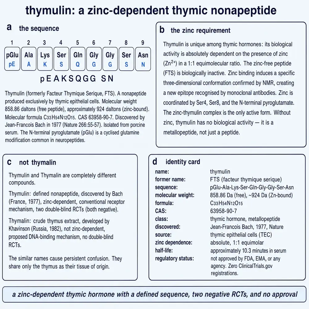Thymulin identity: sequence, zinc lock, not Thymalin, identity card