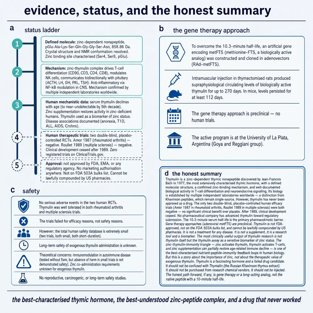 Evidence status ladder, gene-therapy note, safety, honest summary