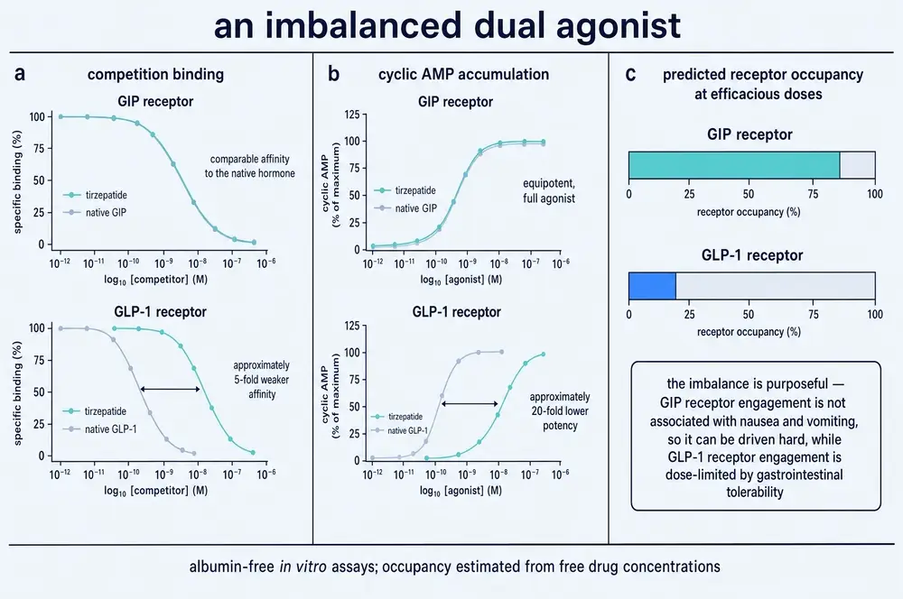 Competition binding, cyclic AMP accumulation and predicted receptor occupancy at the two receptors