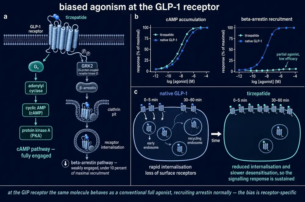 Signalling pathways, dose-response curves and receptor trafficking showing biased agonism at the GLP-1 receptor