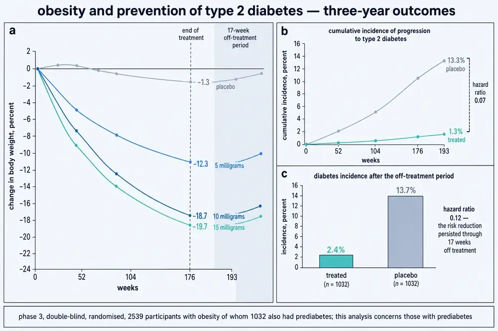 Three-year body-weight trajectory, cumulative diabetes incidence and incidence after the off-treatment period