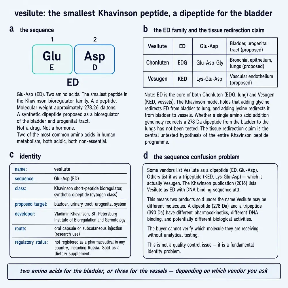 Vesilute identity: Glu-Asp sequence, ED family, origin, vendor confusion