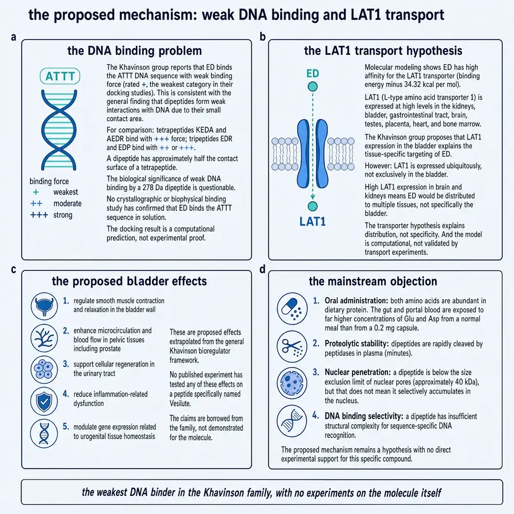 Proposed DNA binding, LAT1 transport hypothesis, and mainstream objection