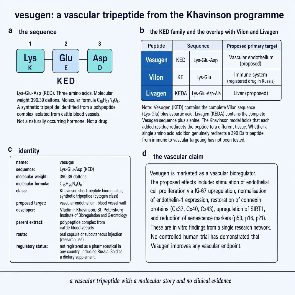 Vesugen identity: KED sequence, KED family, origin, and vascular claim