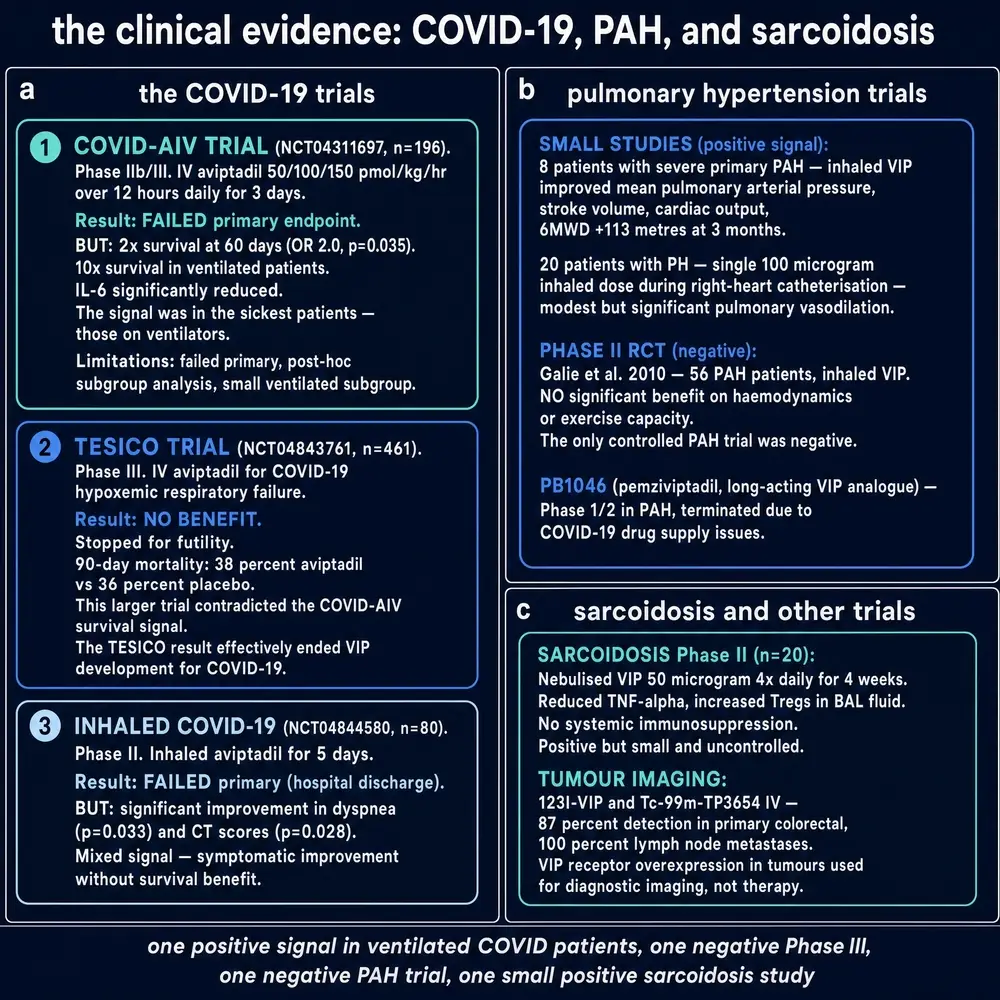 Clinical evidence map for aviptadil: COVID-AIV, TESICO, inhaled COVID, PAH and sarcoidosis programmes