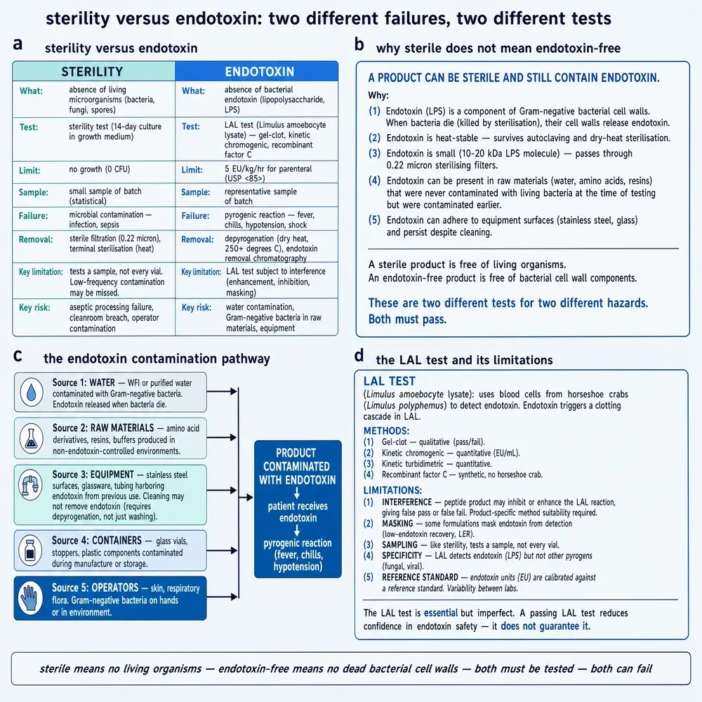 Sterility versus endotoxin: two different failures, two different tests.