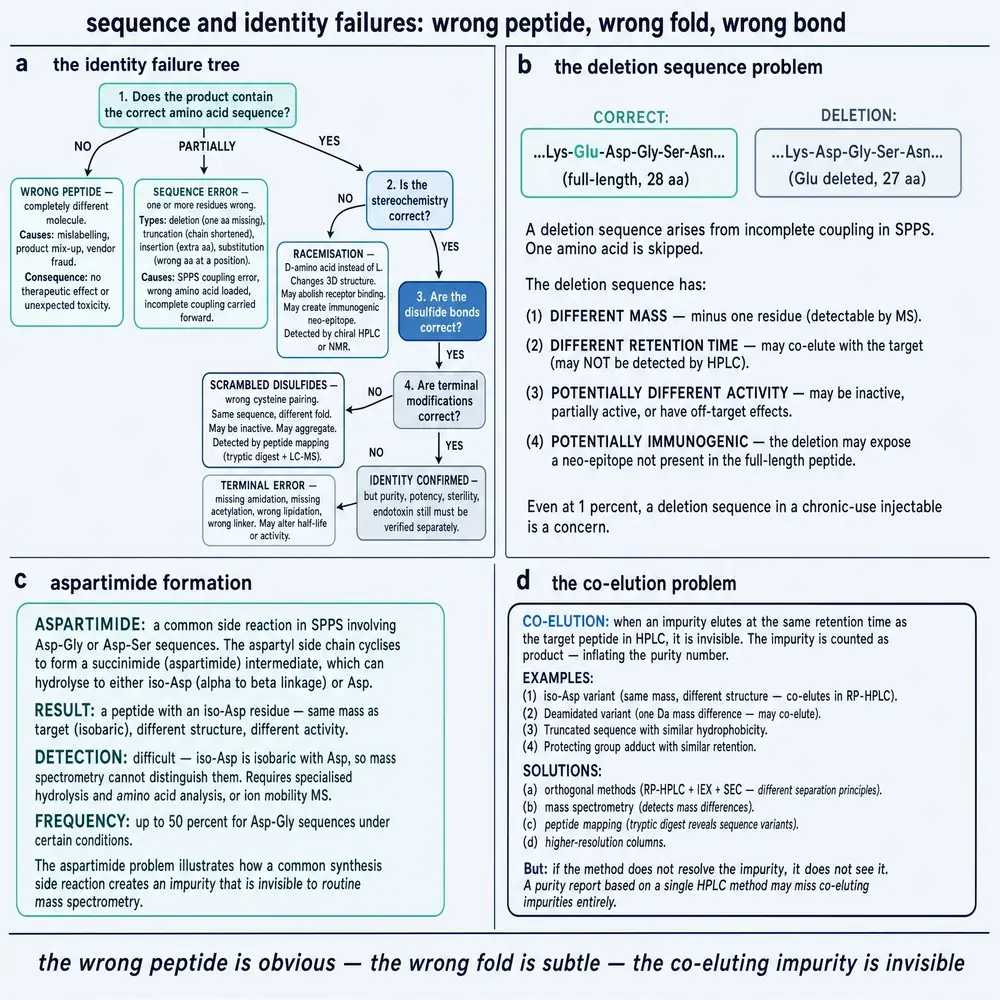Sequence and identity failures: wrong peptide, wrong fold, wrong bond.